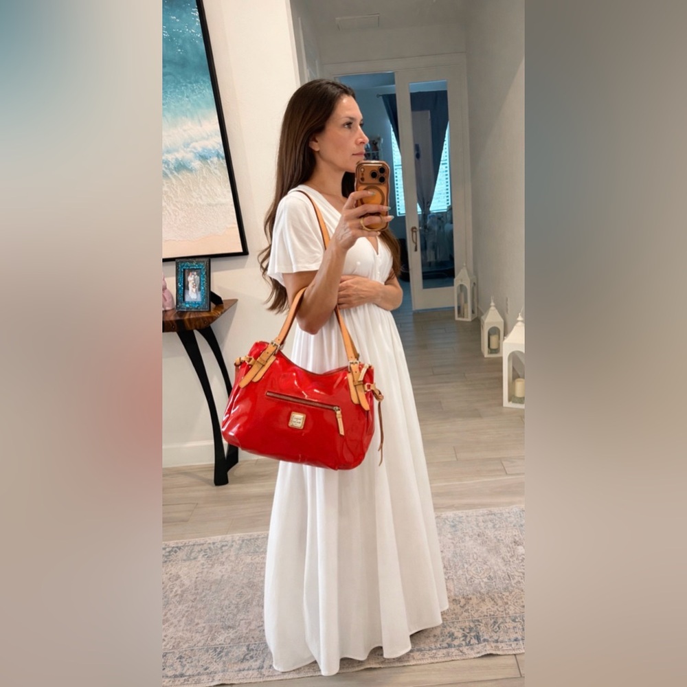 Dooney & Bourke Red Patent Leather Shoulder Hobo Tan Straps. Glossy Luxe Classic - Picture 16 of 17